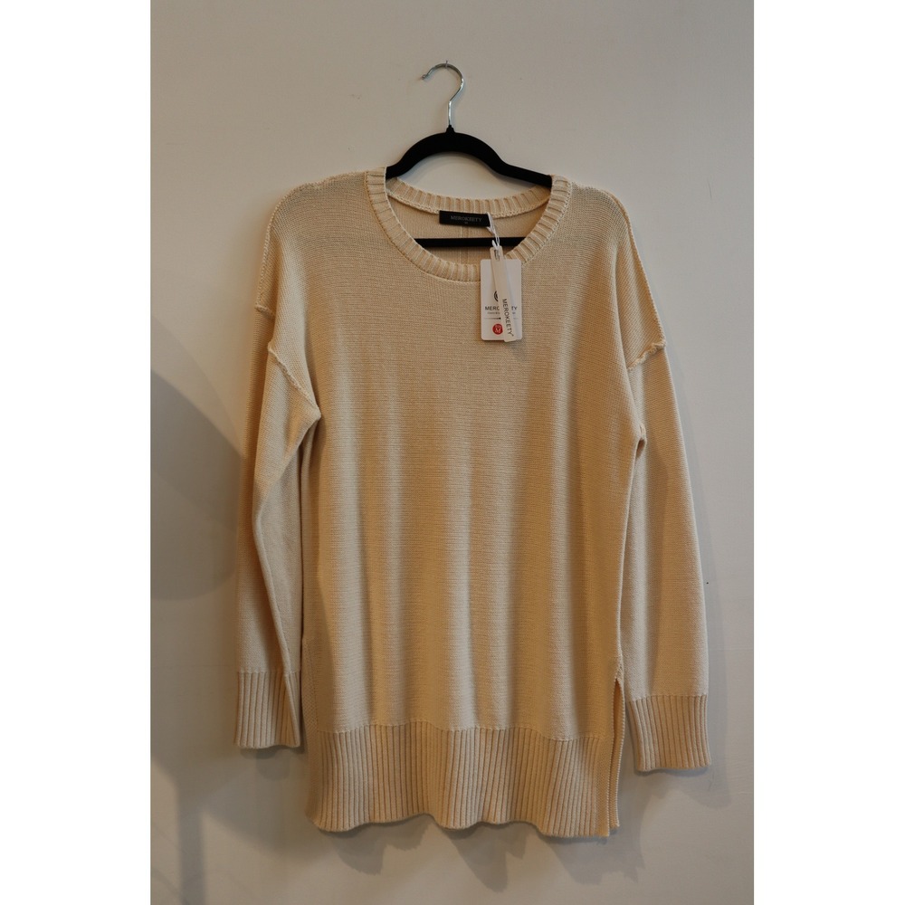 Merokeety Cream Oversized Crewneck Sweater Drop Shoulder Side Slit Knit Medium